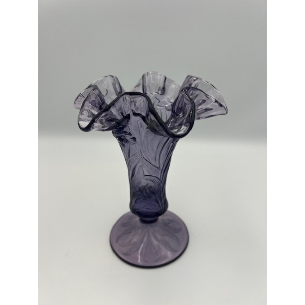 Fenton Purple Amethyst Glass Embossed Daffodils 7in Vase Double Crimp Ruffle Rim